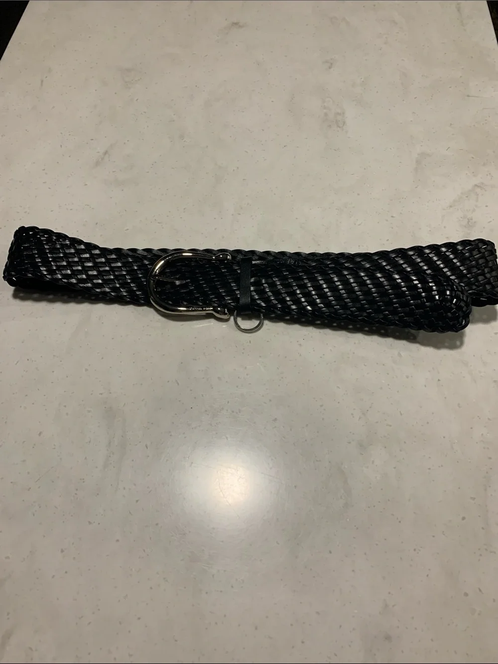 Michael Kors Black Braided Leather Belt Silver Buckle with Keychain Size XL NWOT